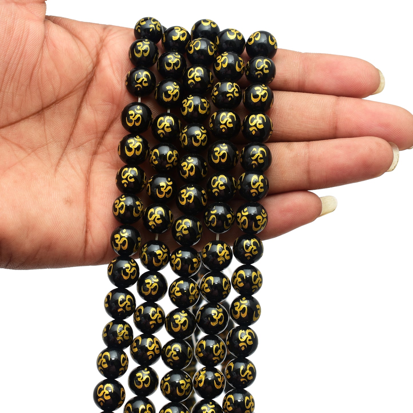 Kamal Gems | Buddhist Om Onyx Gemstone Bead Strand, 15"