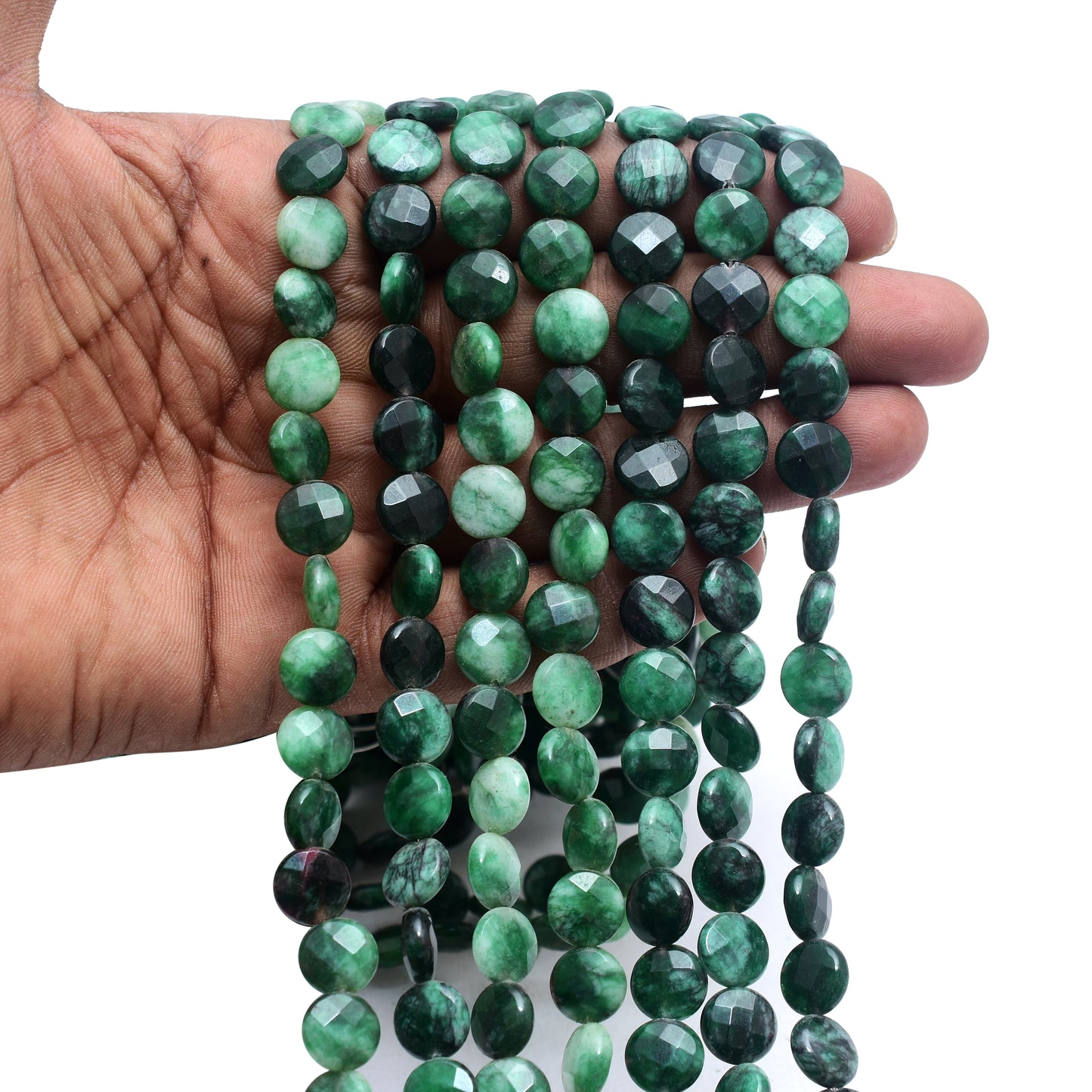 Kamal Gems | Dark Green Coin-Shaped Onyx Beads, 15"