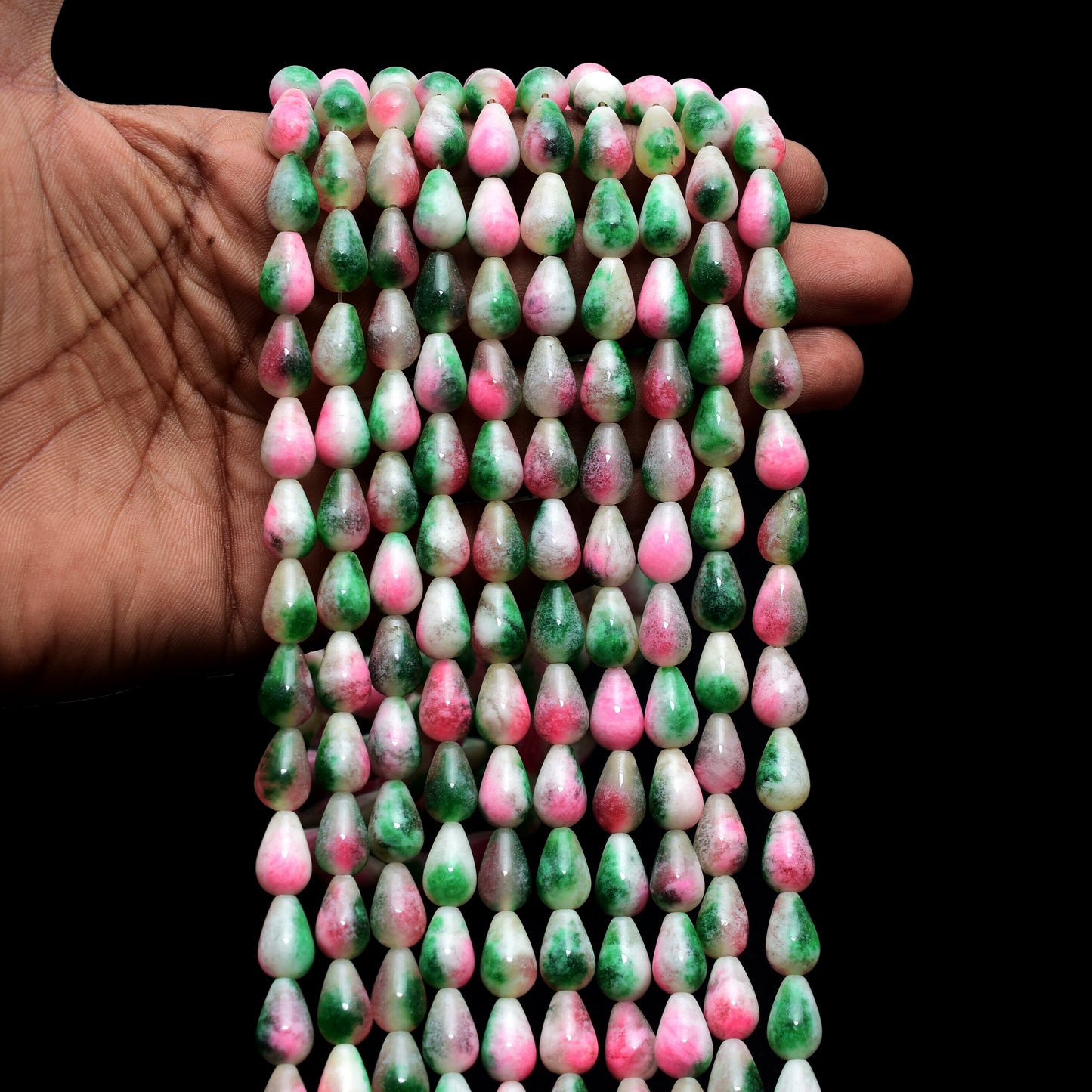 Kamal Gems | Pink-Green Drop-Shaped Onyx Beads, 15"