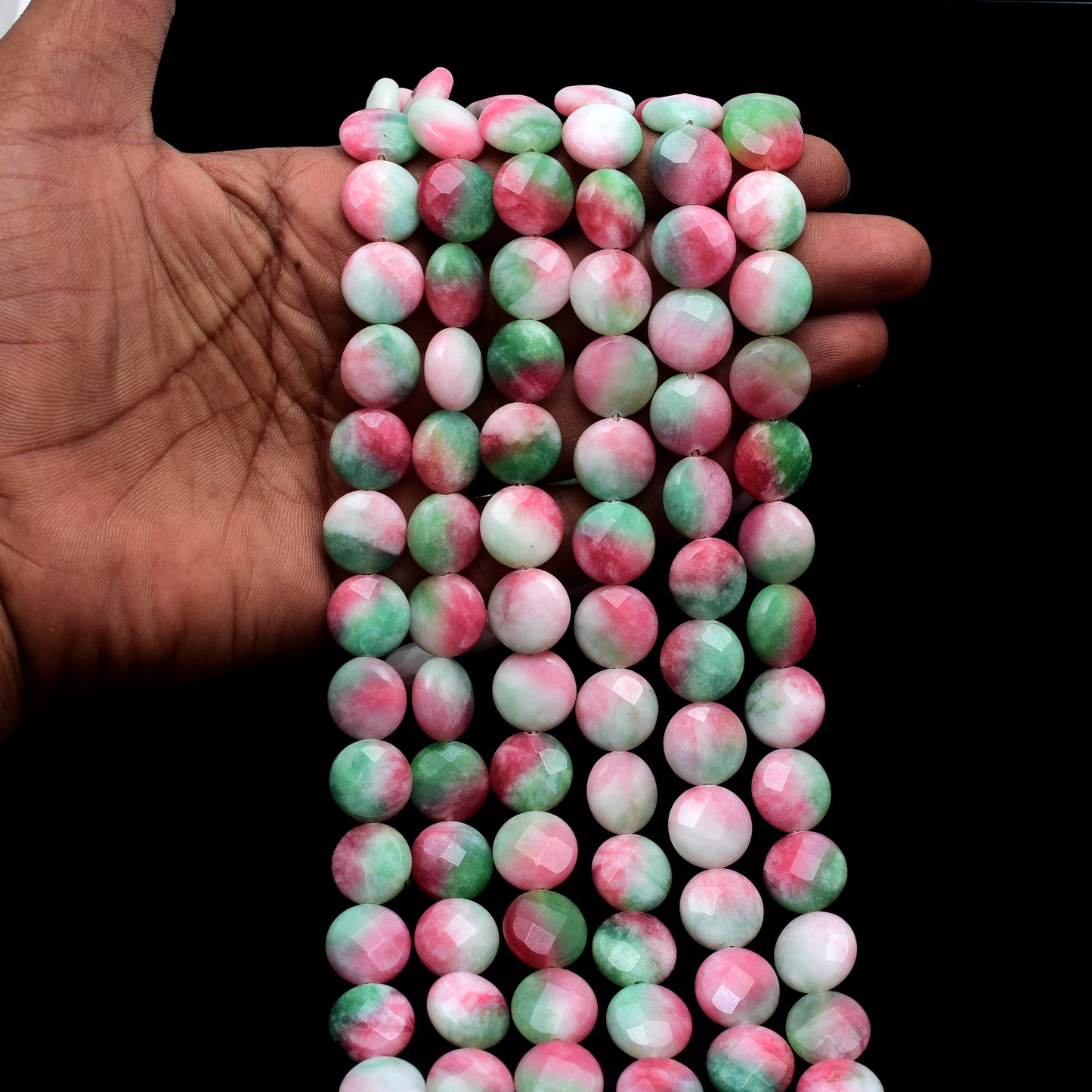 Kamal Gems | Red-Green Coin-Shaped Onyx Beads, 15"