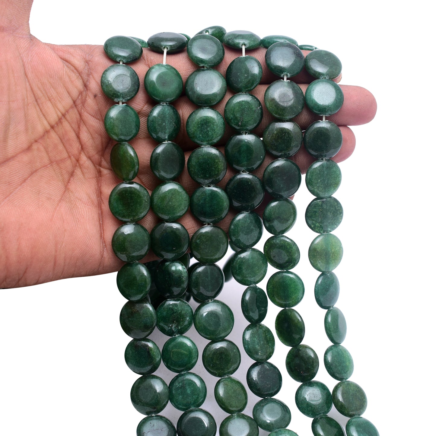 Kamal Gems | Dark Green Coin-Shaped Beads, 15"